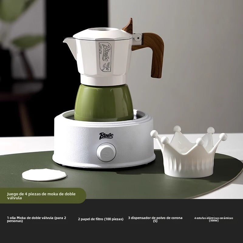 Juego de cafetera moka Bincoo: cafetera de doble válvula para espresso, compacta y fácil de usar