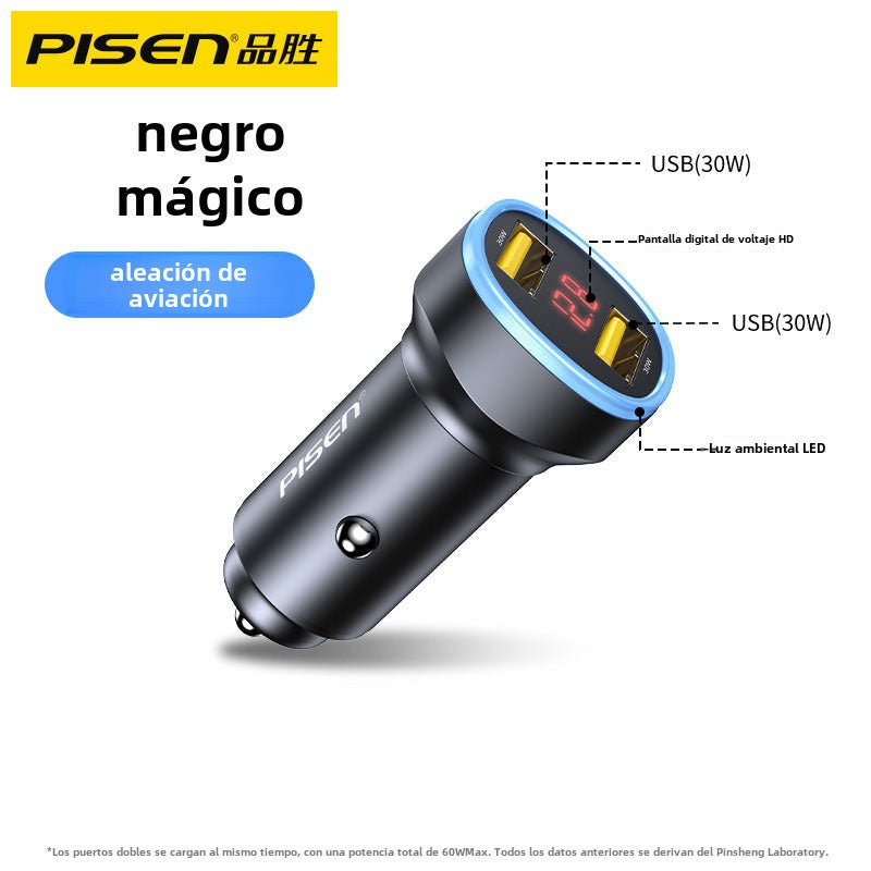 Cargador de coche Pisen: Carga rápida para móviles, adaptador de encendedor de 12V, USB doble, cargador de coche 24