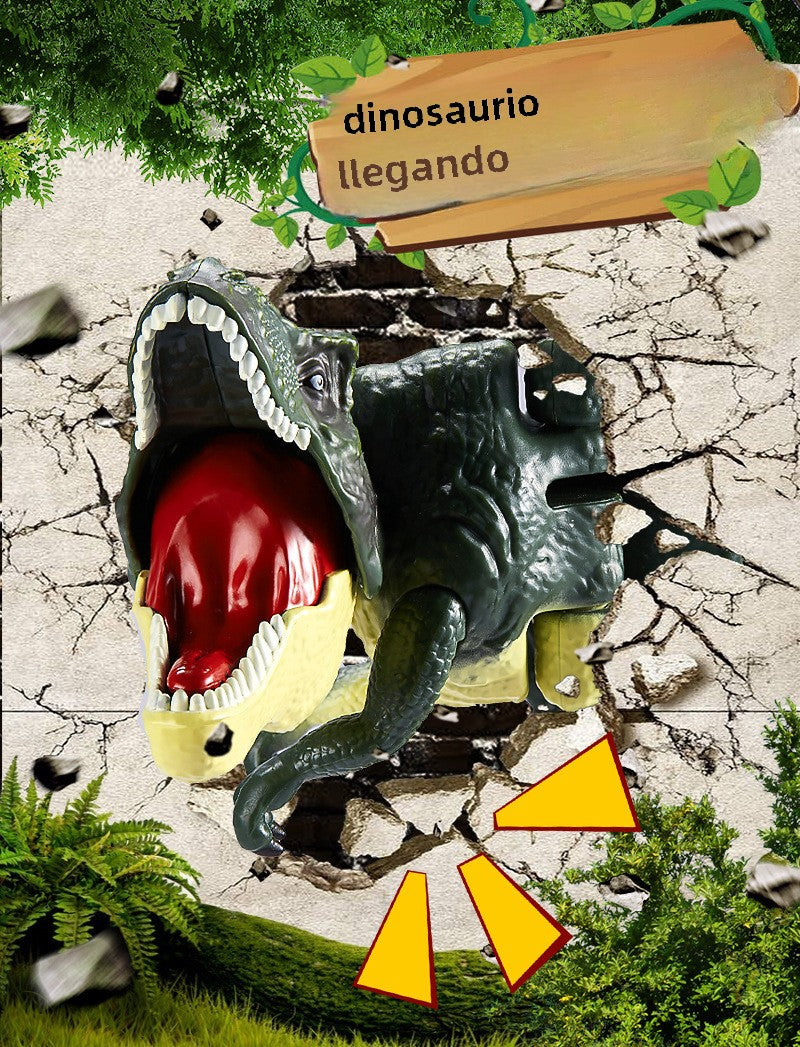 Dinosaurio T-Rex HD101 rompiendo una pared en ilustración creativa. Juguete interactivo con diseño llamativo para niños y coleccionistas.