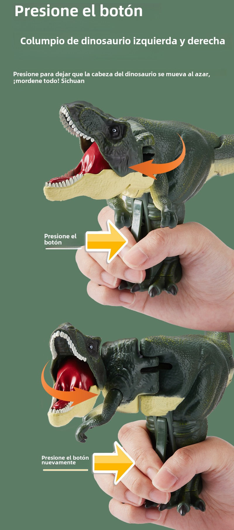 Instrucciones para usar el T-Rex HD101: presionar botón para mover la cabeza y mandíbula. Juguete educativo con funciones interactivas.