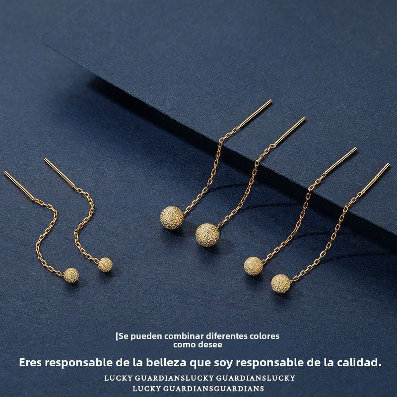 Aretes Tipo Enhebrador Esfera de Plata Pura – Cadena de Eslabones Rectangulares