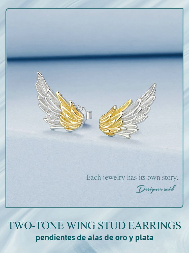 Pendientes Alas Chapadas en Plata 925: Aretes de Alas 3D Bicolor para Hombre y Mujer, Joyas de Plata Esterlina con Textura
